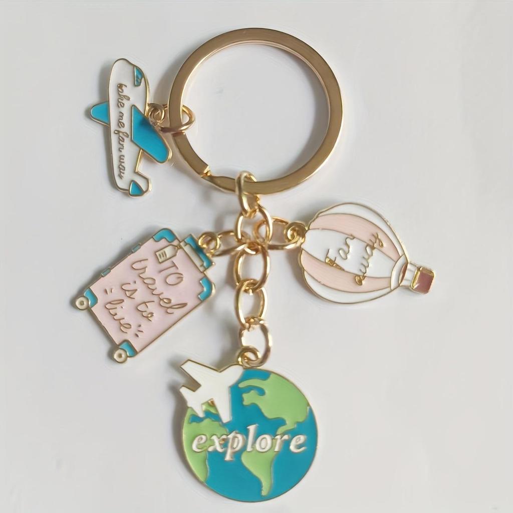 Travel-Themed Keychain: Airplane, Balloon, Map & Suitcase Pendant