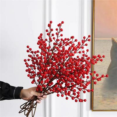 Red Holly Berry Faux Flower Fortune Bucket for New Year Home Decor