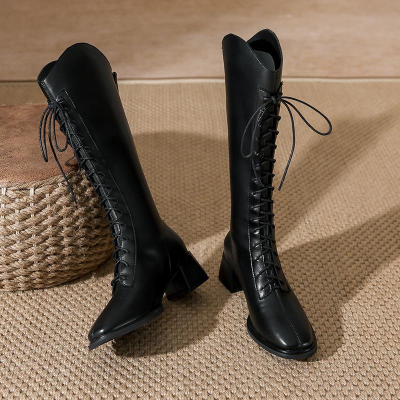 High-heeled Boots Women's Autumn and Winter New Square-headed Knight Boots Thick-heeled Boots Women's Lace-up High Boots Children