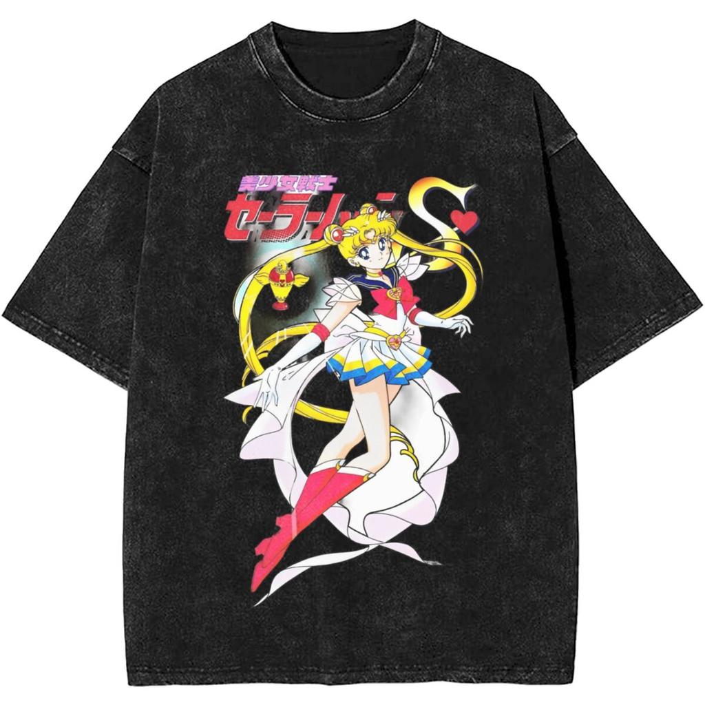 Sailor Moons Vintage Vasket T-skjorte Menn Kvinner 100% Bomull Casual T-skjorte O-hals Anime Tees Kortermet Klær Pluss Størrelse