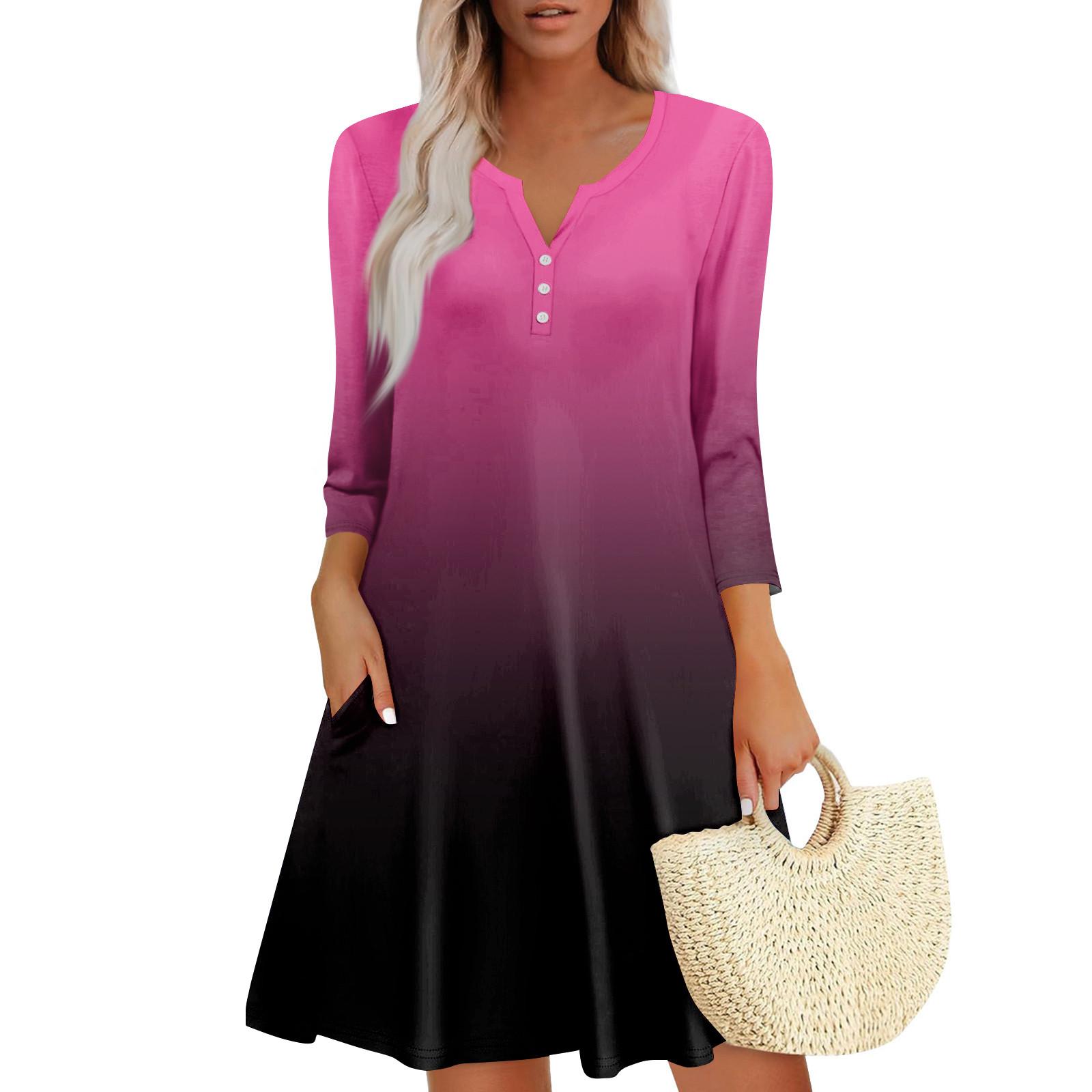 

Женское летнее повседневное платье на пуговицах с V-образным вырезом, градиентным принтом и карманами XL горячий розовый