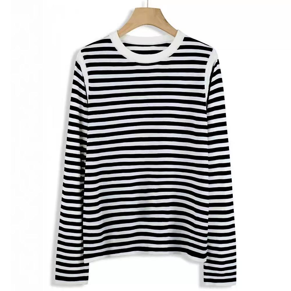 Loose Fit Striped Black & White Patchwork Long Sleeve T-shirt - Korean Style, Casual Plus Size Base Top for Autumn