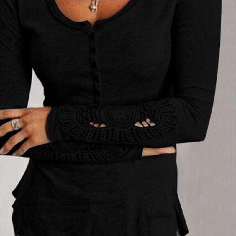 

Женская повседневная футболка с длинным рукавом из кружева с вырезами, однотонная, с круглым вырезом, блузка, топы M чёрный