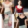 Oversize T Shirt For Women With Square Neck And Embroidery In Pure Color Style For Summer
