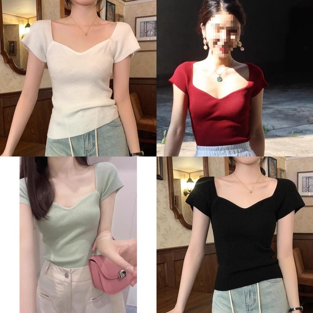 Oversize T Shirt For Women With Square Neck And Embroidery In Pure Color Style For Summer