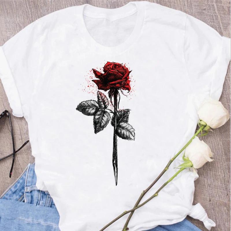 Red Rose Printed Women's T-shirt Summer Round Neck Harajuku Korean Pattern Top Women's T-shirt Top