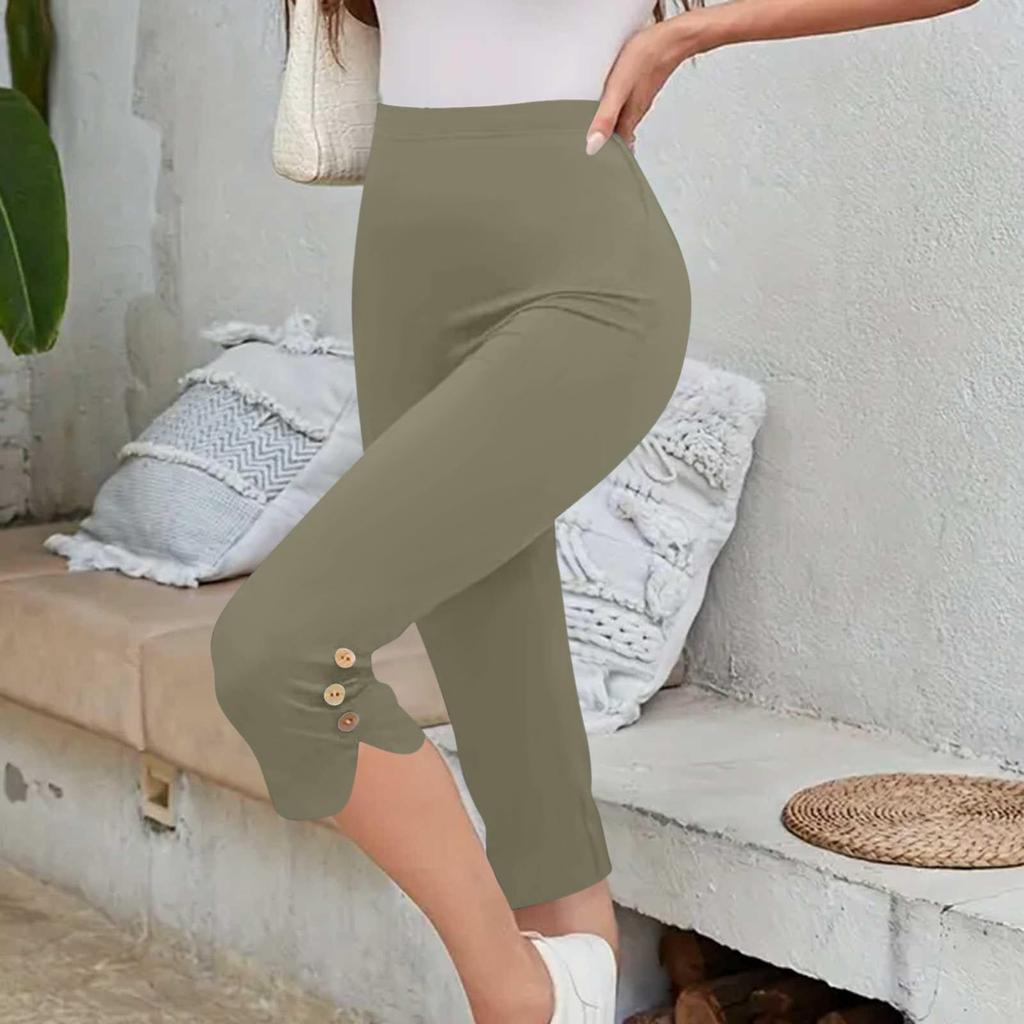 Women's Fashionable Solid Color High Waist Slimming Casual Elastic Waist Bottom Cropped Pants