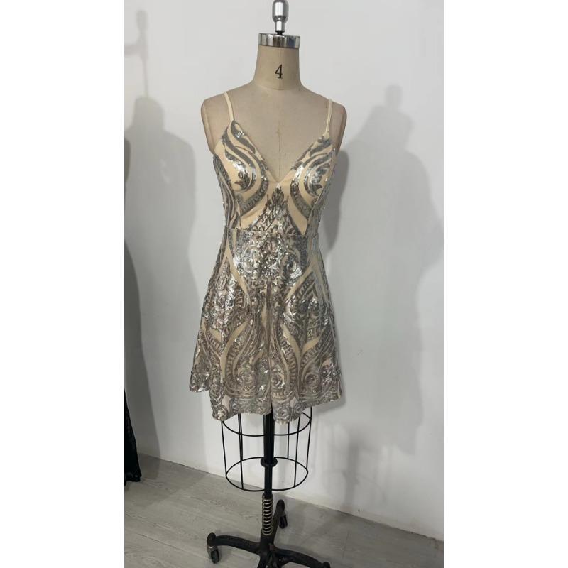 Women Sexy Sequined Spaghetti Strap V Neck Short A Line Formal Party Dress