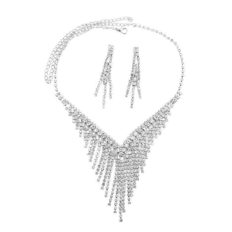 

Stylish Multi-Layer Fringed Rhinestone Necklace Earrings Jewelry Set, Bridal Wedding Ladies Two-Piece Set