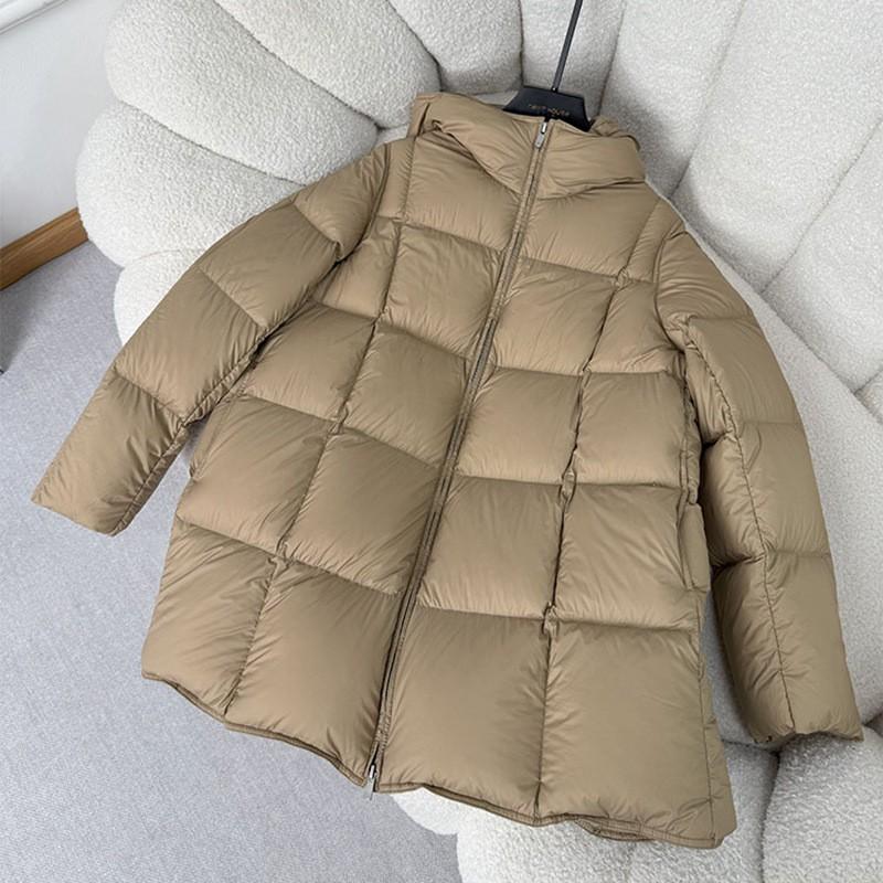 Womens Mid-Length Puffer Coat With Hood 90% White Duck Down Fill Thick Warm Winter Jacket In Black Coffee Khaki