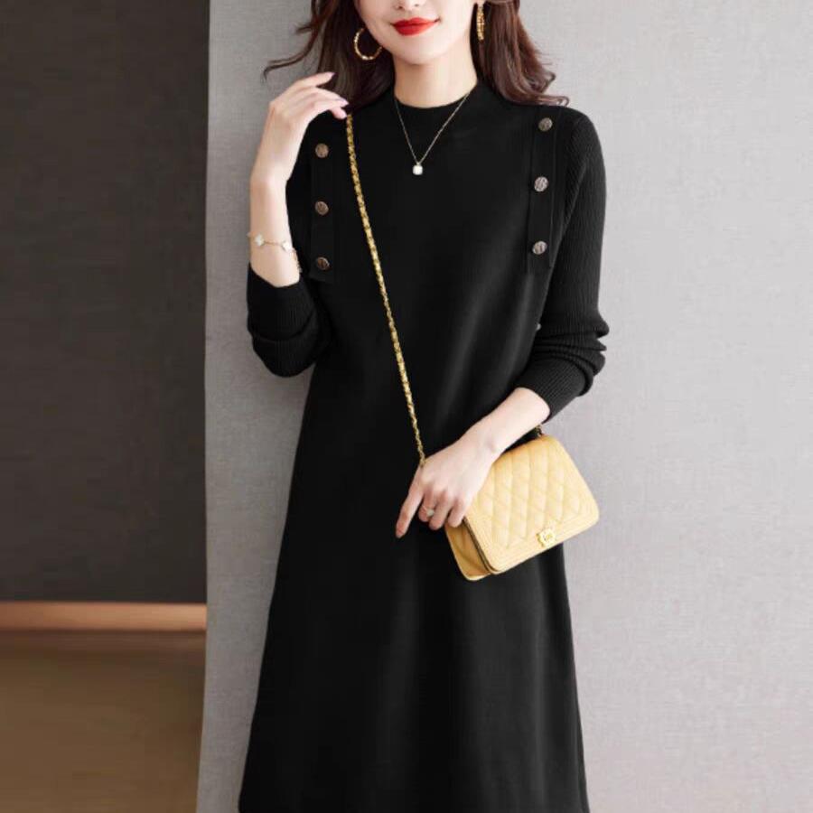 Semi-turtleneck Knitted Dress for Womens Autumn and Winter with Coat Inner Fit Sweater Medium and Long Bottom Skirt