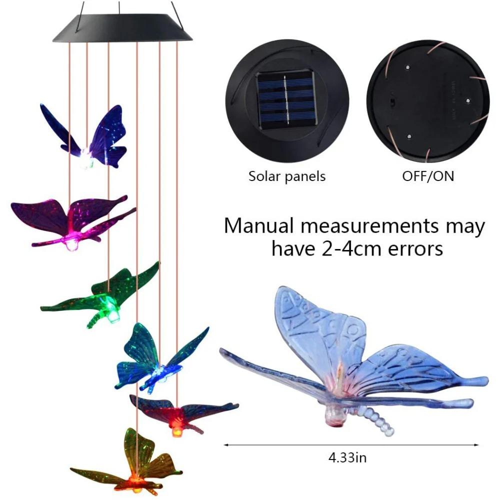 1PC LED Color Changing Butterfly Mili Ball Hummingbird Solar Wind Chime Outdoor Waterproof Decoration Birthday Gift