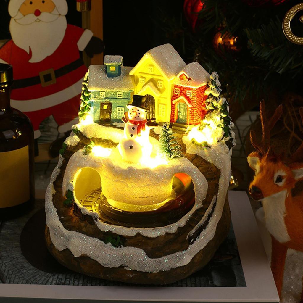Resin Garden Ornament Music LED Light Christmas Village Figurines Village Rotating Statue for Christmas Home Decor Gift