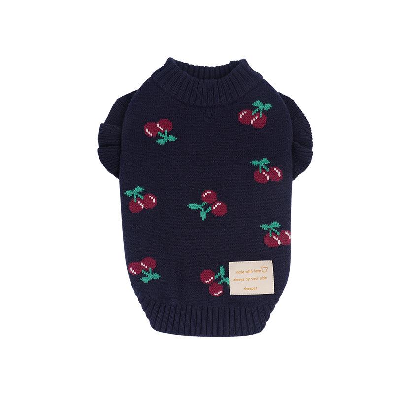 Pet autumn and winter clothing small fly sleeves cherry embroidered sweater teddy bear puppy dog warm pullover knitted sweater