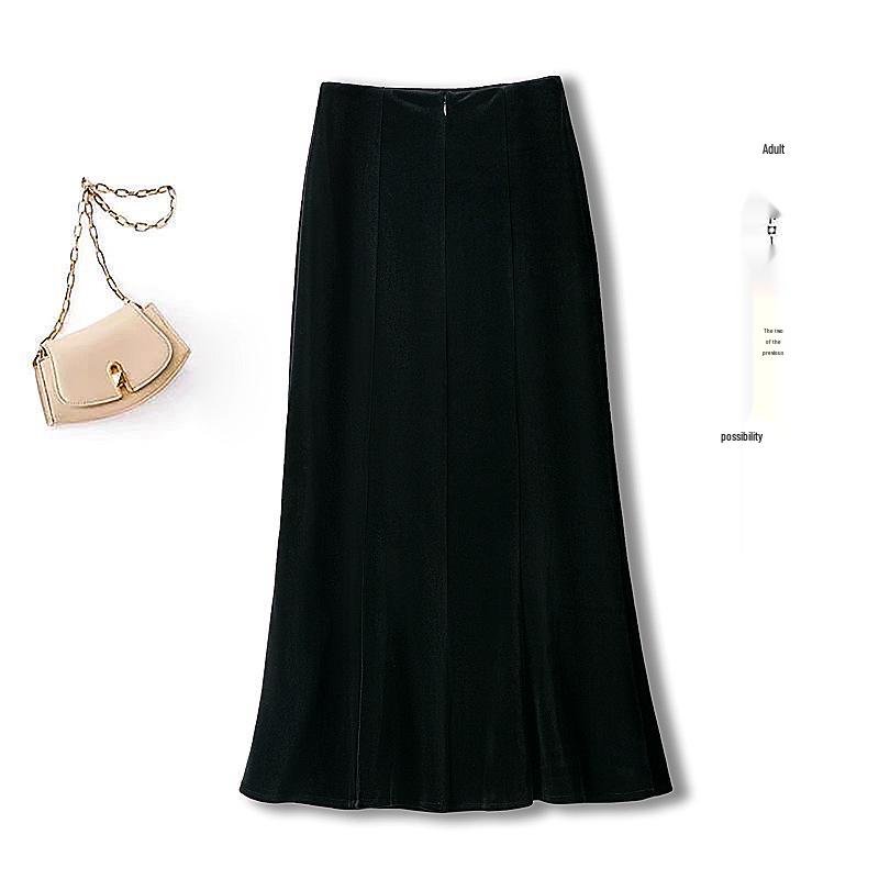 Golden Velvet High-Waist A-Line Mermaid Skirt - Women's Autumn/Winter 2025