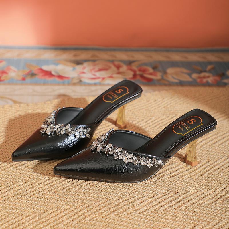 

Красивые сандалии для ношения на улице весной и летом, новые, с острым носком, стразами, темпераментные туфли-стилеты на высоком каблуке, с закрытым носком, полушлепанцы для женщин 34 чёрный