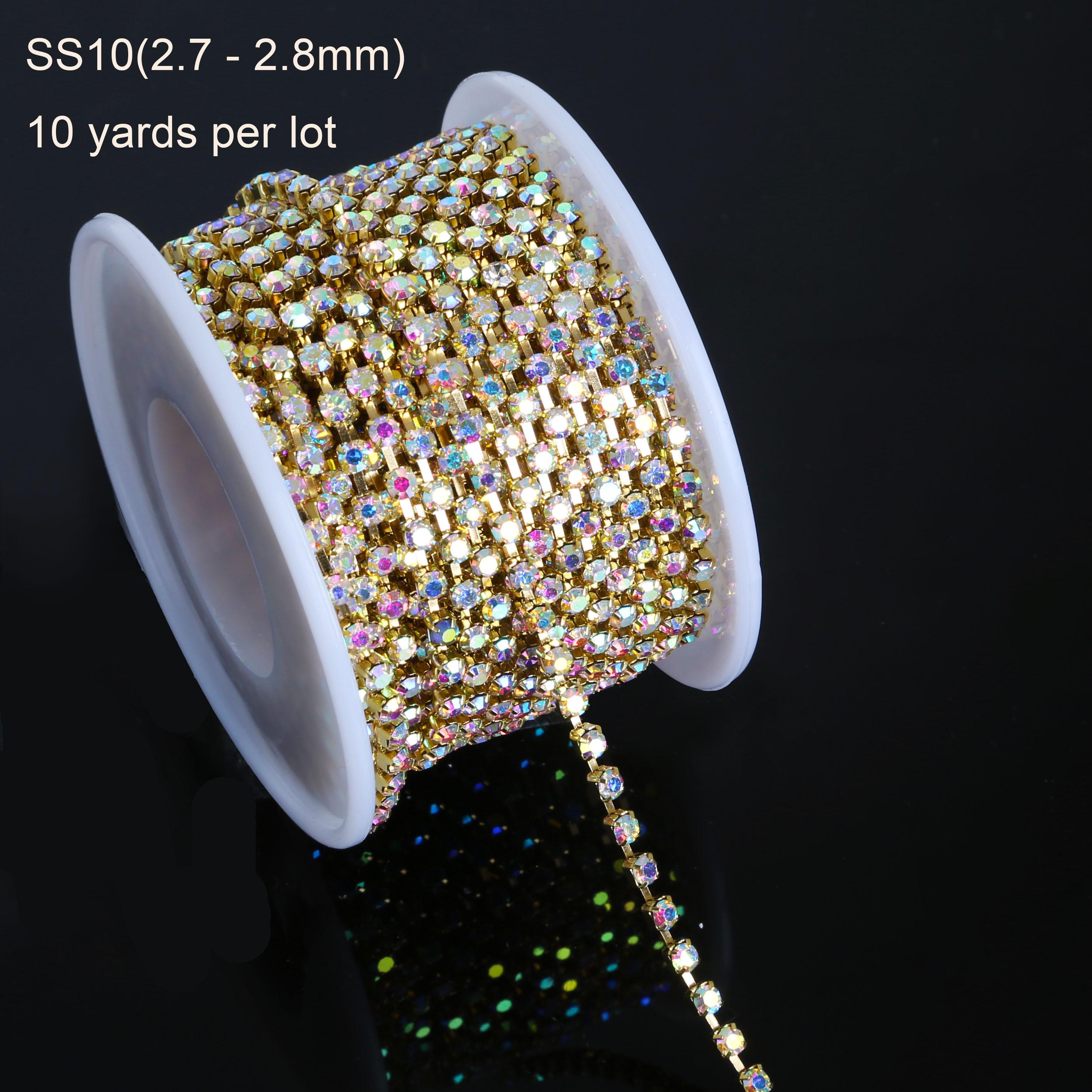 

10 ярдов в рулоне, цепочка со стразами и яркими стразами на серебряной основе, уплотненная цепочка со стразами SS6-SS18(2 мм-4,5 мм) Цепочка на чашку для дизайна платья, аксессуары своими руками 2.7-2.8mm 2000pcs разноцветный/золотой