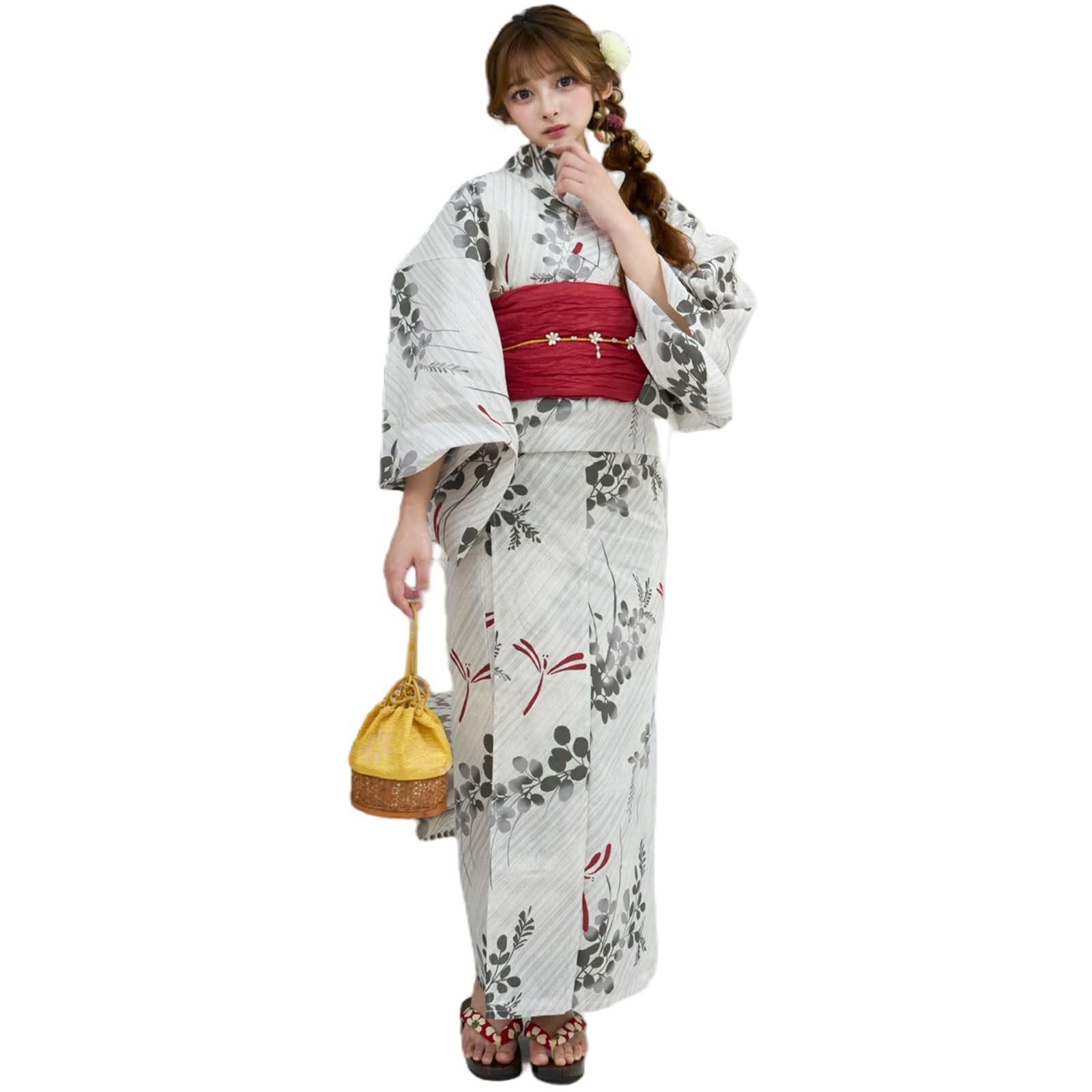 

RAVIR Yukata Light Akiakane Fluffy and One Size Fits All Women s 3-Piece Set, Gray, Kimono, Obi, Sandals, Gray, сірий колір