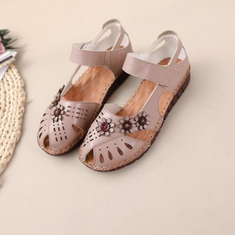Sandals Women's Genuine Leather Beef Tendon Sole Spring and Summer Fish Mouth Flower Hollow Velcro Non-slip Soft Sole Comfortable