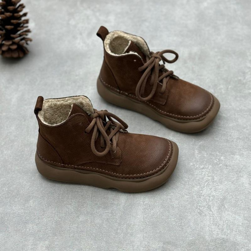 Johnature Retro Genuine Leather Short Boots Wide Toe Lace Up Cowhide Soft Sole Women's Boots