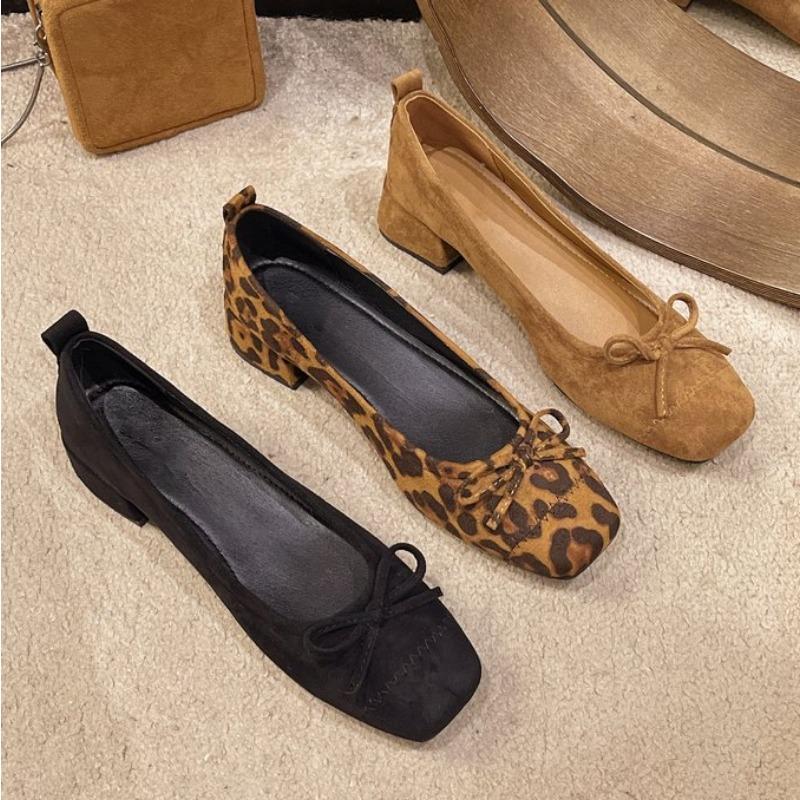 Fashion New Design Fashionable Square Heels Bowknot Comfortable Versatile Wear-resistant Leopard Print Shoes Low Heels Pumps Zapatos