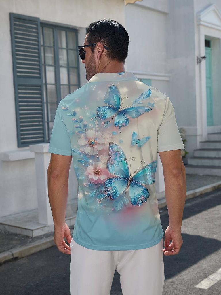 Men'S Short Sleeve Polo Shirt, Flat Digital Print Pattern – No Texture – Dreamy Blue Butterfly Dancing in Flowers Print, Fashionable And Easy Short