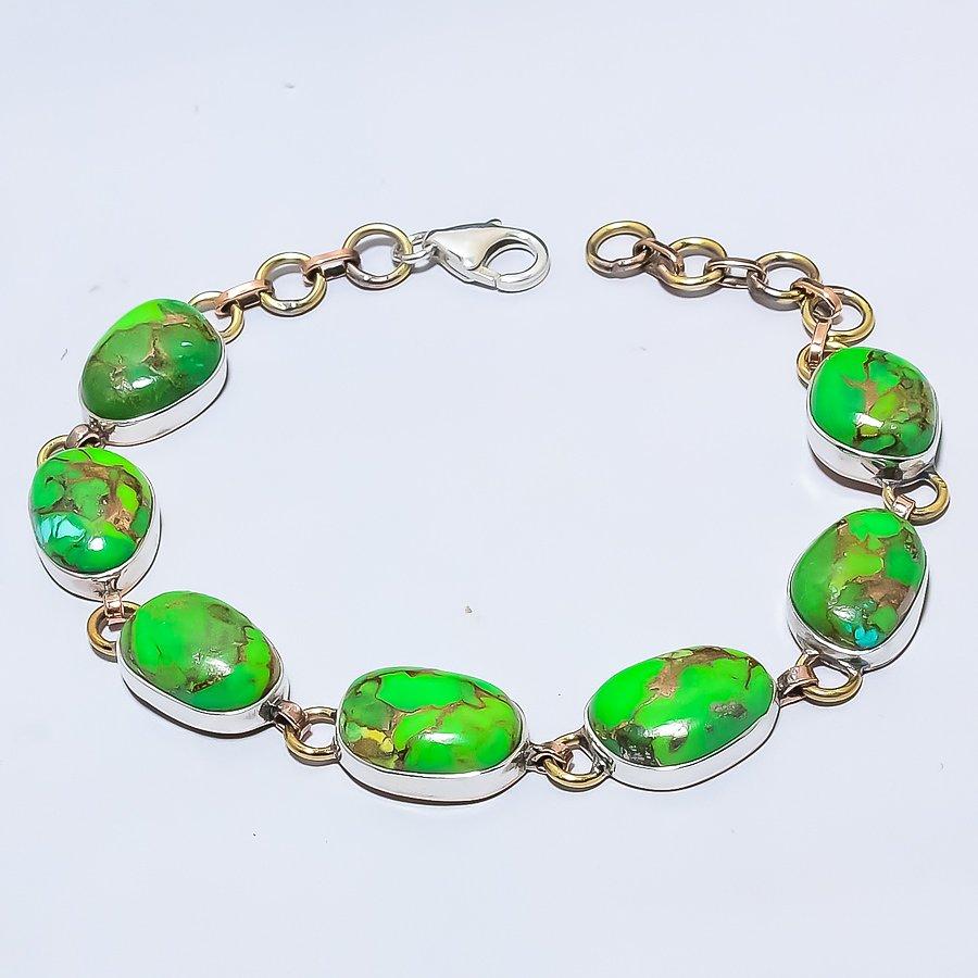 Natural Copper Turquoise Gemstone 925 Sterling Silver TwoTone Bracelet 7-8" y8t07