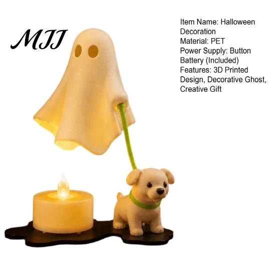 3D Printed Halloween Decor Ghost Walking Dog Night Light, LED Warm Lamp, Cute Puppy Figurine Statue with Candle, Home Party Holiday Table Gift
