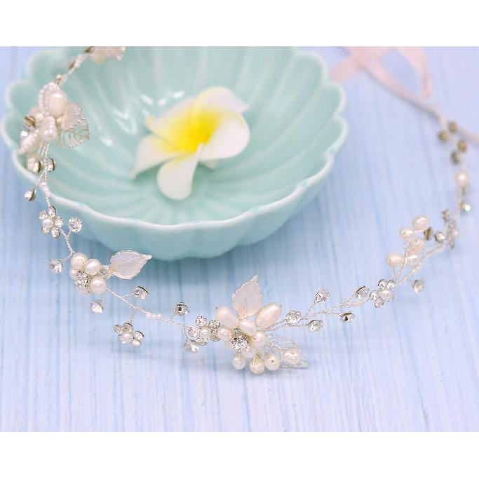Oriamour Bridal Crystal Headband with Freshwater Pearls Flower Design Wedding Hair Accessories (All Silver)