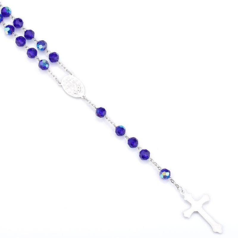 Dark Blue Glass Crystal Catholic Rosary Necklace Virgin Christ Cross Rosary Necklace