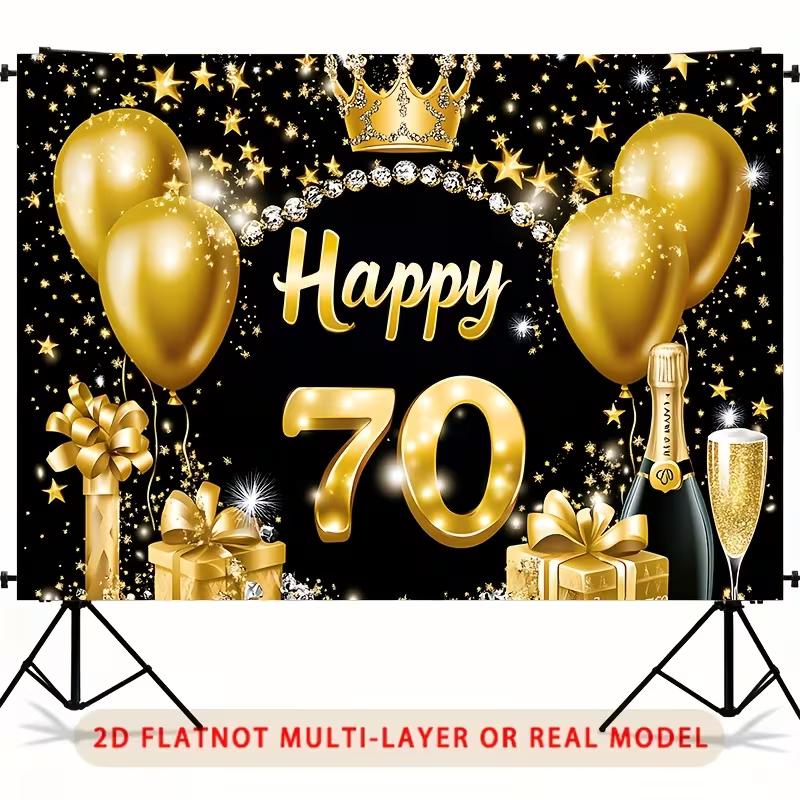 2D Schwarz & Gold 70. Geburtstag Kulisse, Königliche Krone Thema Geburtstag Fotografie Hintergrund