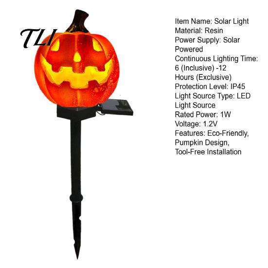 Easy Install Soil Insert Garden Stakes Solar Halloween Pumpkin Light, Waterproof LED Outdoor Resin Ghost Face Yard Lamp with Stake for Pathway