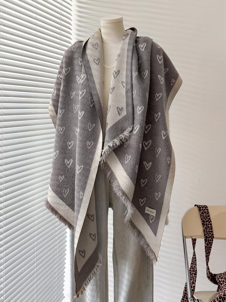 Women & Men Winter Warm Scarf Delicate Love Pattern Faux Cashmere Irregular Cut Double-Sided Neckerchief For Cold Days