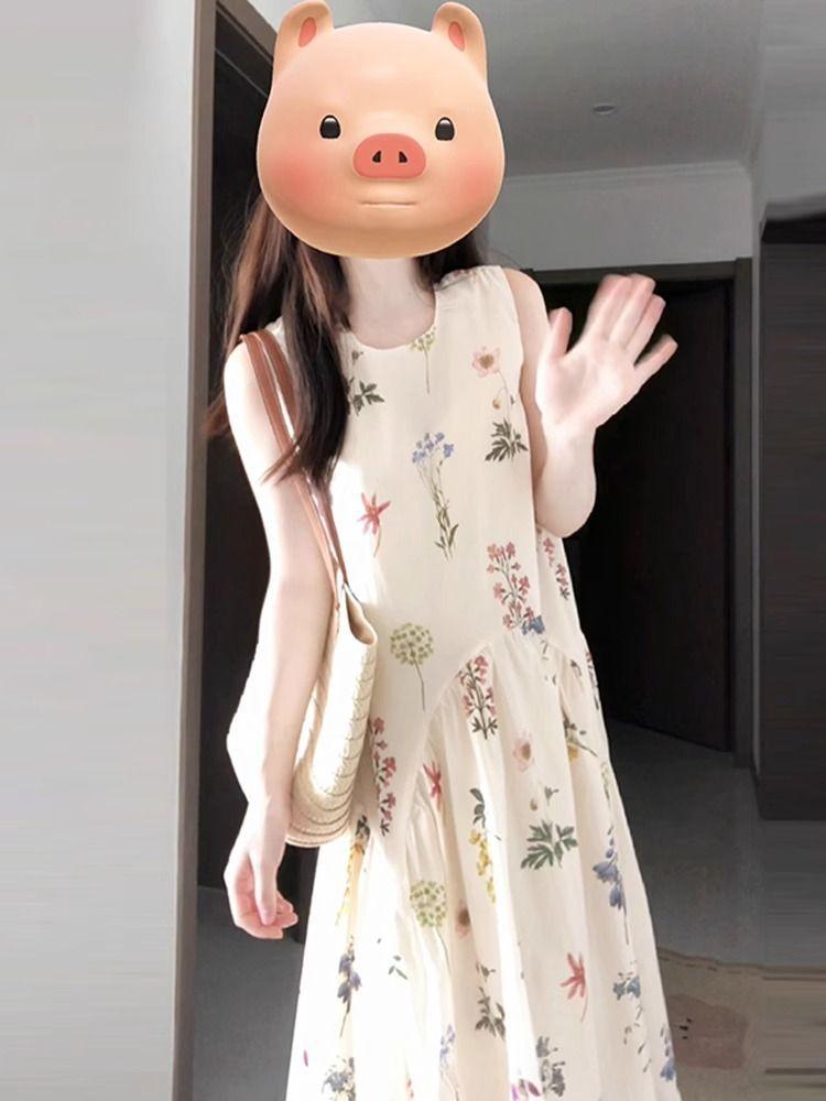 French coffee break sleeveless round neck floral temperament vest dress summer schoolgirl loose and thin holiday dress S