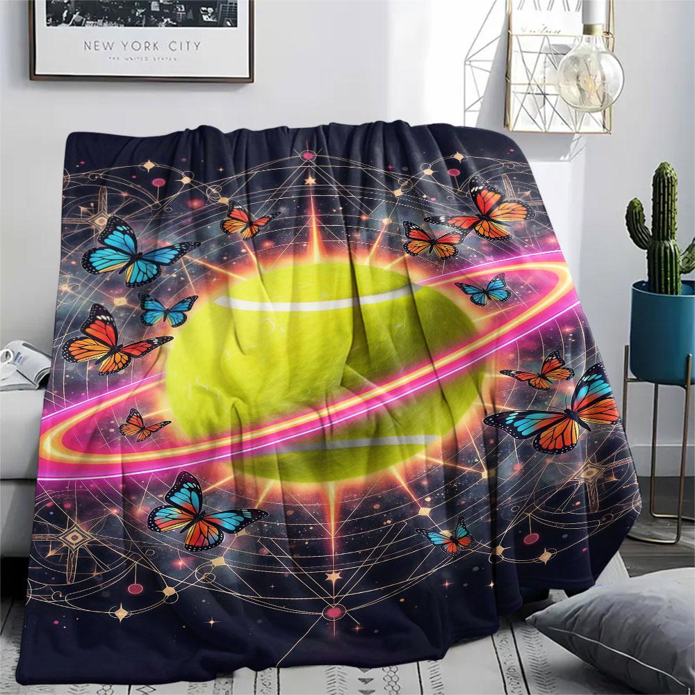 1 szt. Koc Flanelowy z Nadrukiem Gwiazdy i Pierścienia, Wysoka jakość, Wygodny na Wszystkie Pory Roku, Wystrój Domu, Ciepło i Komfort, Idealny na Prezenty Świąteczne