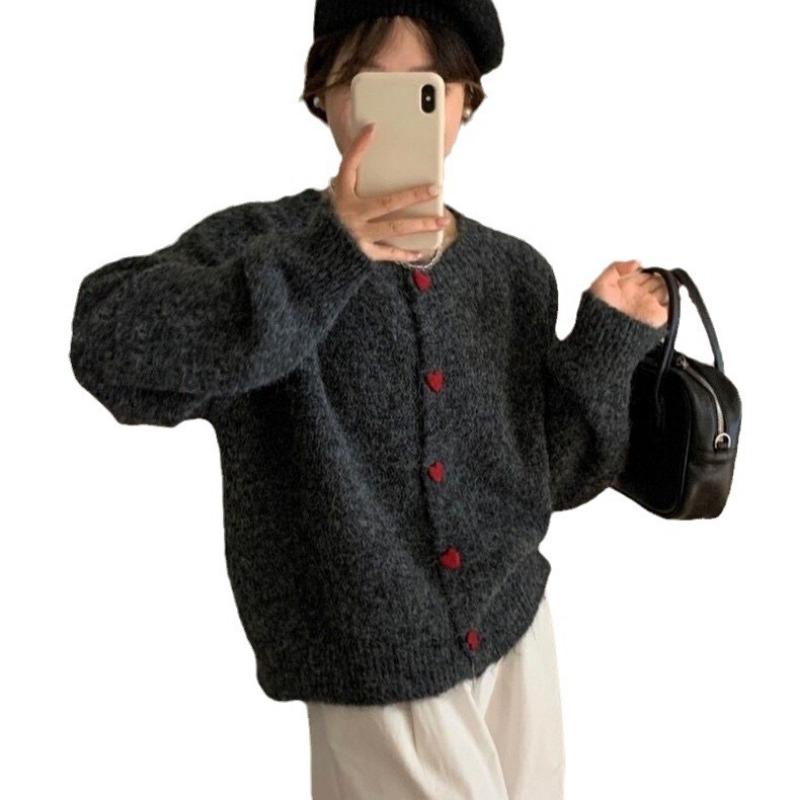 Sweet soft waxy love buckle knitted cardigan women's autumn and winter new loose fashion age-reducing crew neck sweater jacket