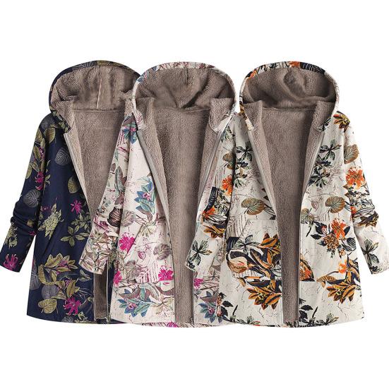 Winter Fashion Floral Leaf Print Fleece Lining Women Long Sleeve Hooded Coat
