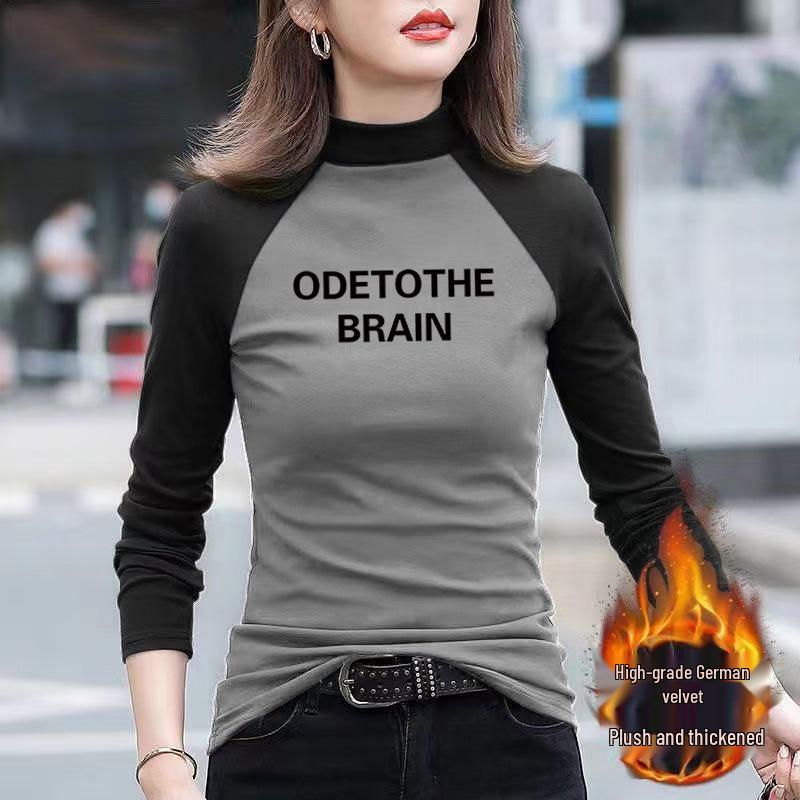 

Raglan Color Block Velvet Slimming Long Sleeve T-Shirt with Stand-Up Collar for Women S ( 90 lbs)