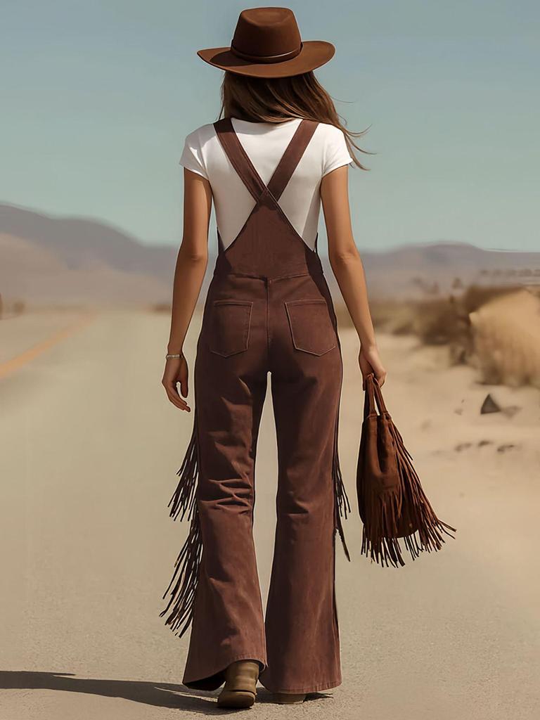 Women's Suede Fringe Wide-Leg Retro Overalls