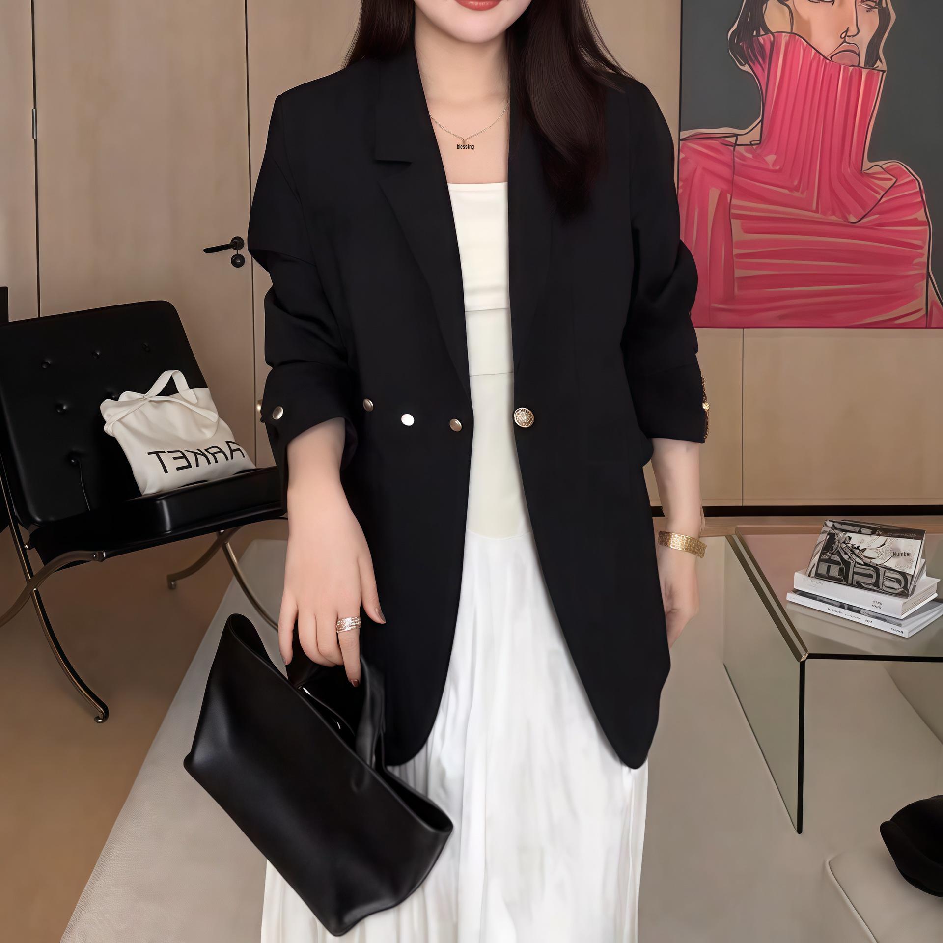 

Трендовый женский блейзер большого размера: Коллекция Весна-Осень 2025 4XL [Recommended 165-185 jin] чёрный