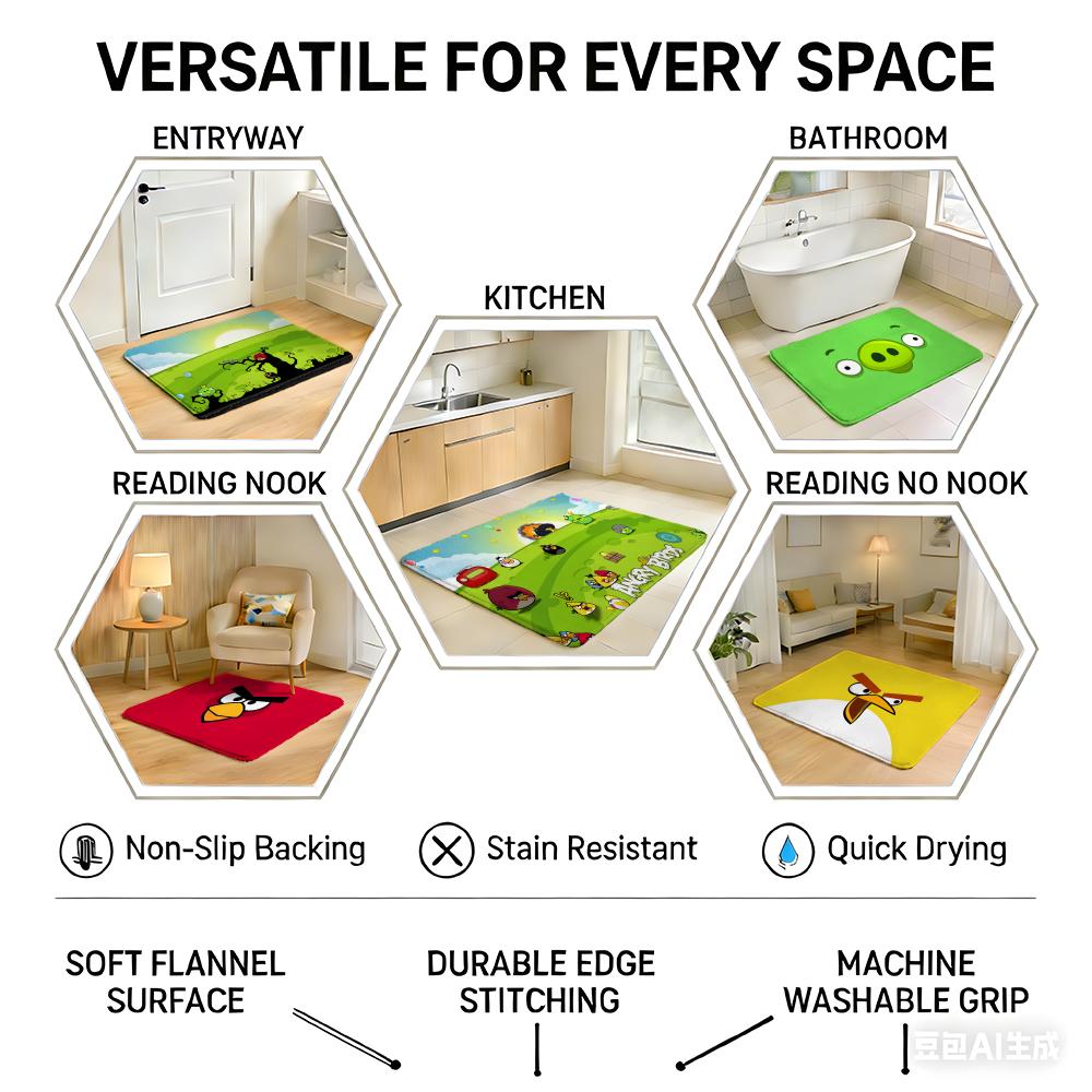 A-Angry Birds Game Floor Mat Eco Flannel Doormat Non-Slip Odorless Indoor Soft Short Plush Floor Rug