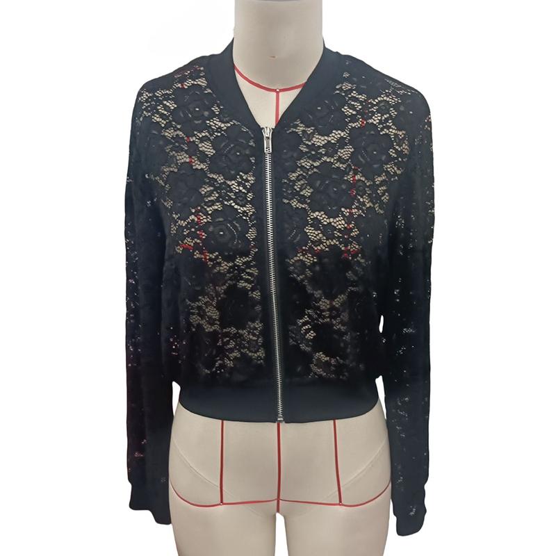 Spring Elegant Ladies Jacquard Lace See-Through Zip Jacket Coat