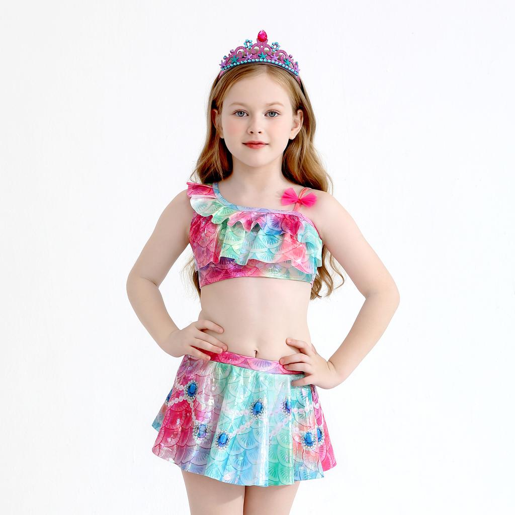 Girls Mermaid Bikini Three-piece Swimsuit Cross-border Explosion Sequined Girls Beach Skirt Split Swimsuit