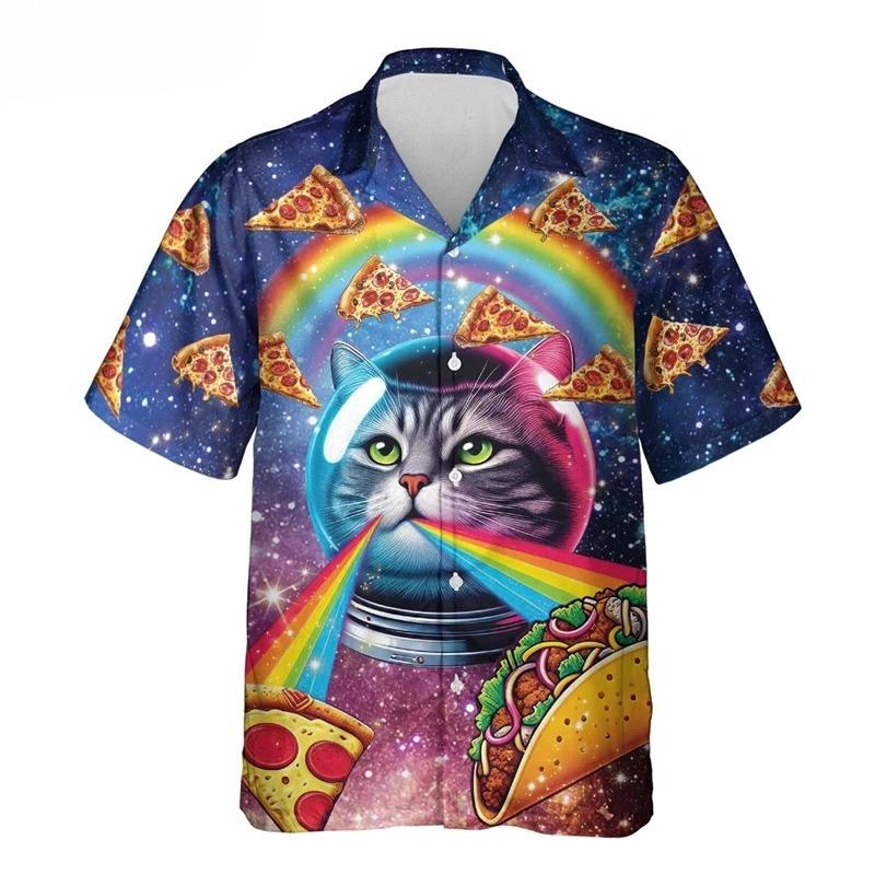 Herren Hawaii Strandhemd Druck Lustige Katze Taco Pizza T-Shirts Oberteile Kurzarm Knopfleiste Urlaub Aloha Hemden Streetwear