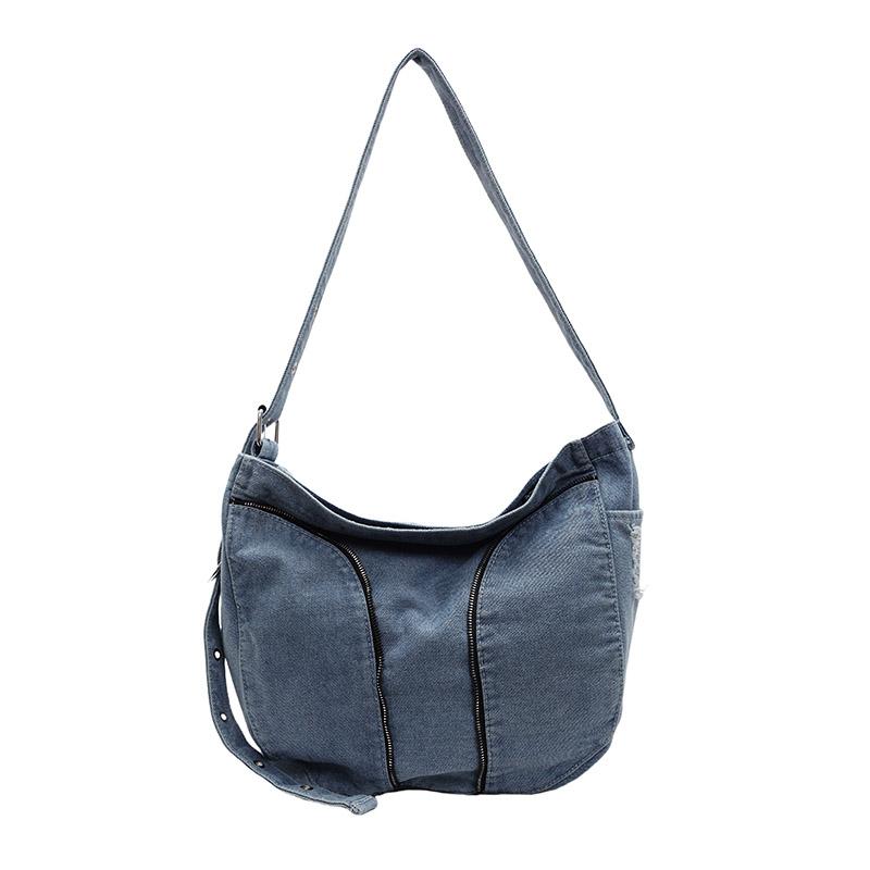 Denim Messenger Bag med Stor Kapacitet Dam Vintage Axelväska Crossbody-väska