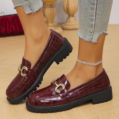 Women's British Style Chunky Heel Leather Loafers with Round Toe and Metal Buckle – Versatile, Thick Sole, Large Sizes