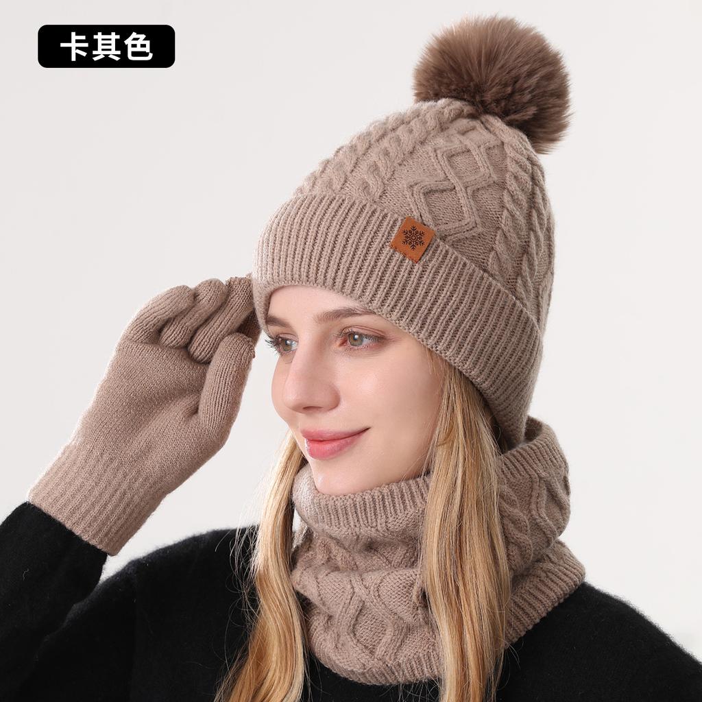 Hat, scarf and gloves three-piece set, winter outdoor riding scarf double-layer fleece and thicker, knitted hat