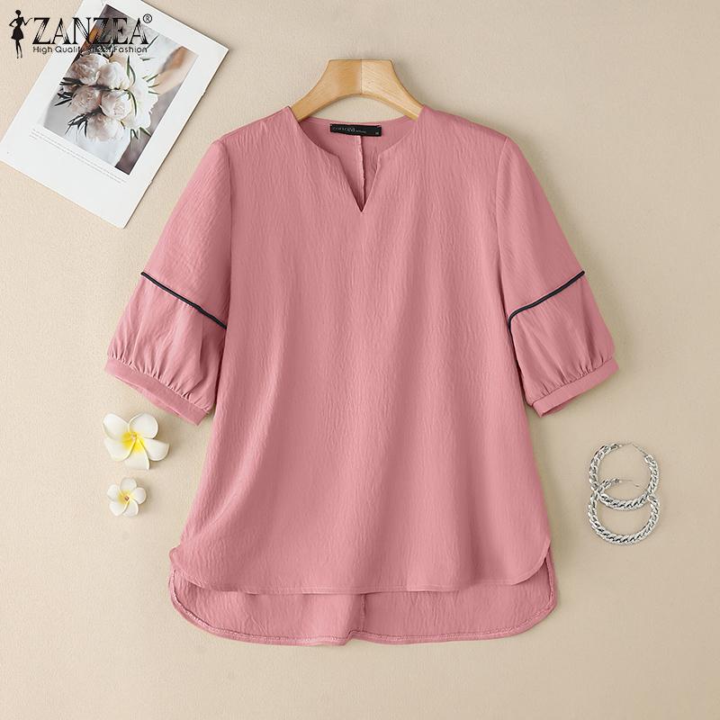 ZANZEA Damen Lässig V-Ausschnitt Locker Sommer Halbarm Bluse