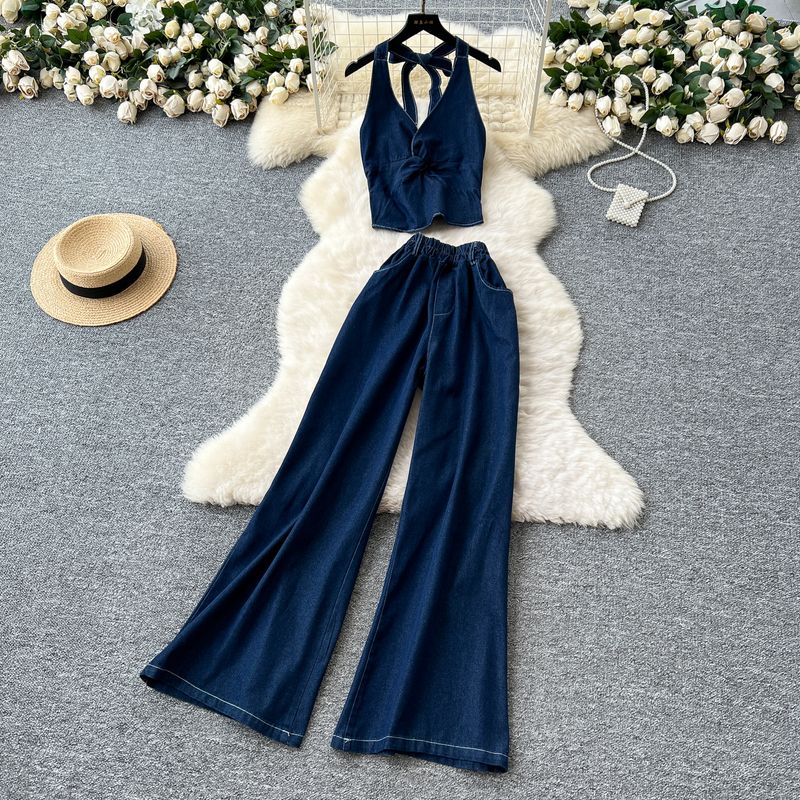 Casual Set Women Korean Fashion Summer Clothing Scheming Twist Hanging Neck Sling Denim Top High Waist Wide Leg Straight Pants