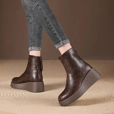 Fashion Back Zip Booties Fall New Round Toe Waterproof and Non-Slip Platform Wedge Shoes
